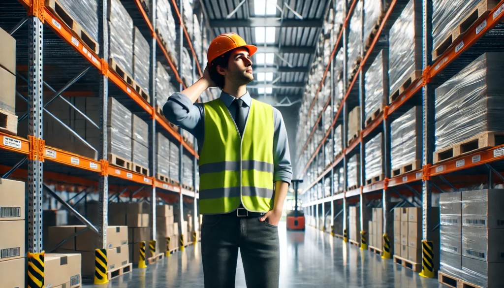 DALL·E A photorealistic image of a warehouse worker standing in a large, organized warehouse, with shelves full of goods in the background The worker, weari