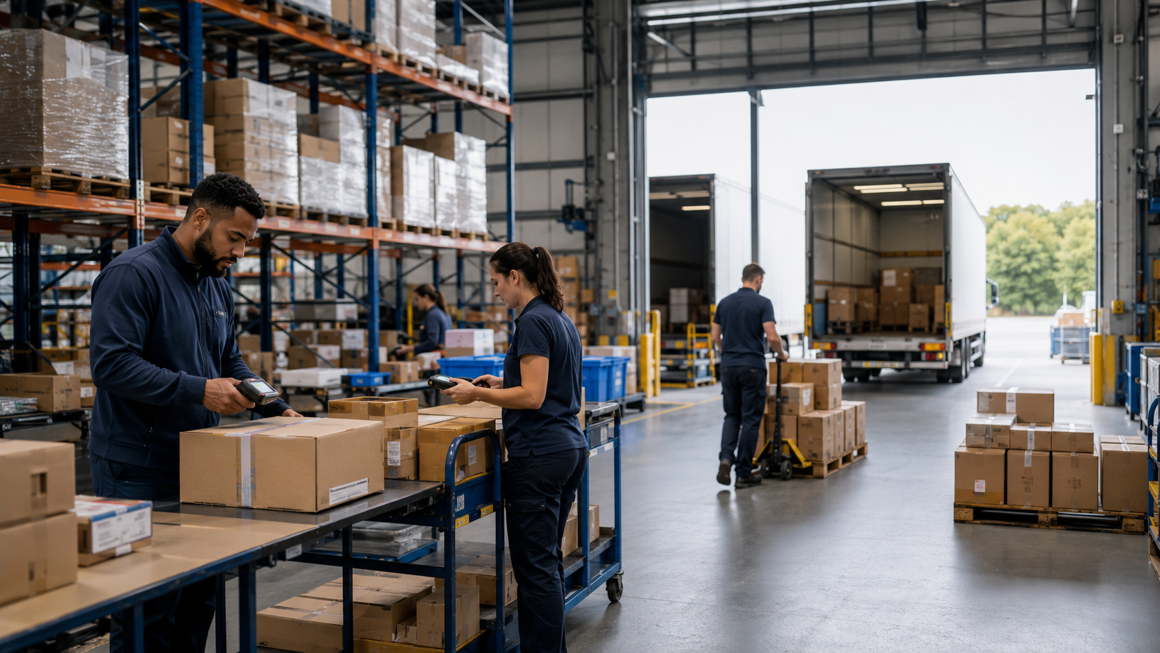 Preparación de pedidos conectada con consolidación, staging y transporte en un centro logístico