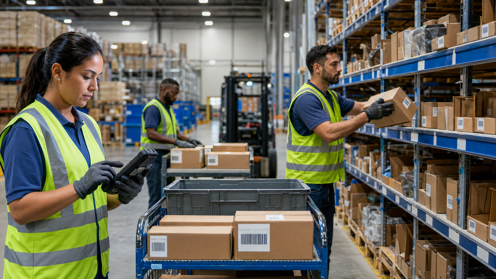 Proceso de preparación de pedidos con picking, verificación y consolidación en un almacén
