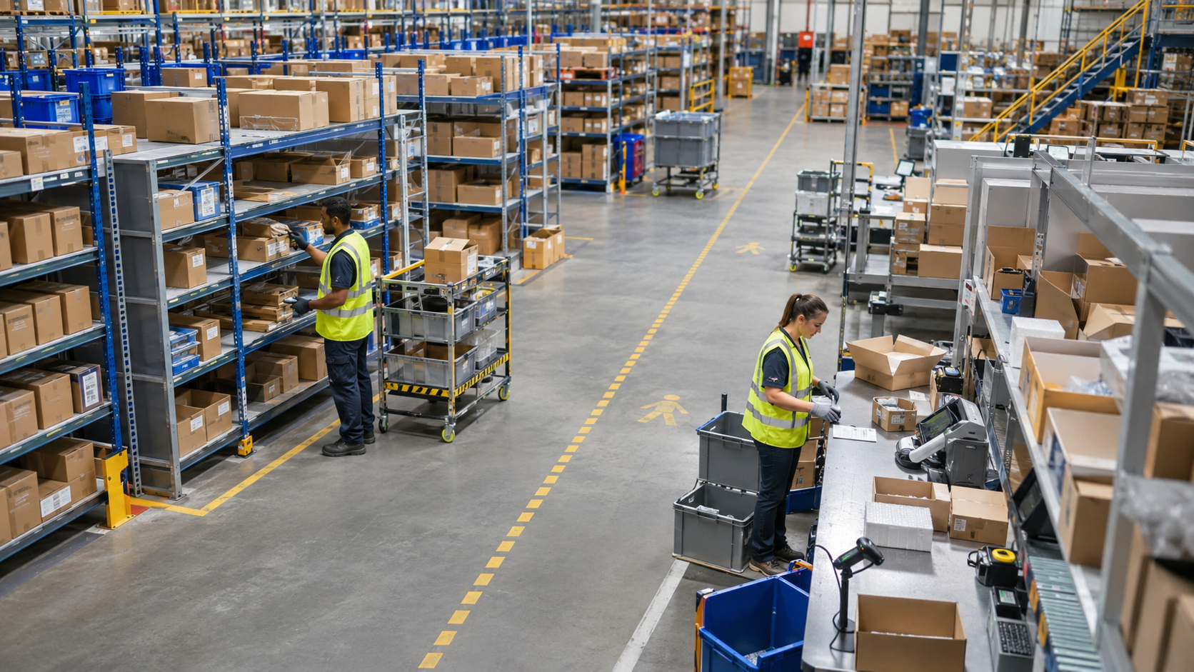 Vista amplia de una zona de preparación de pedidos con picking, consolidación y pasillos señalizados.