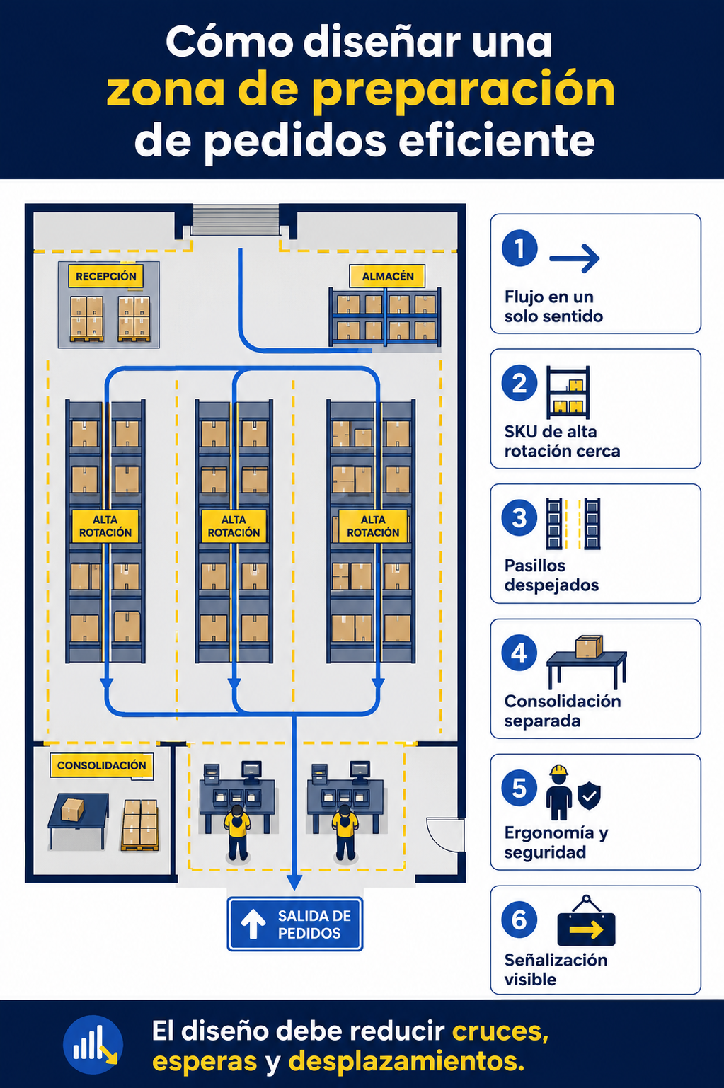 Infografía sobre el diseño eficiente de una zona de preparación de pedidos.