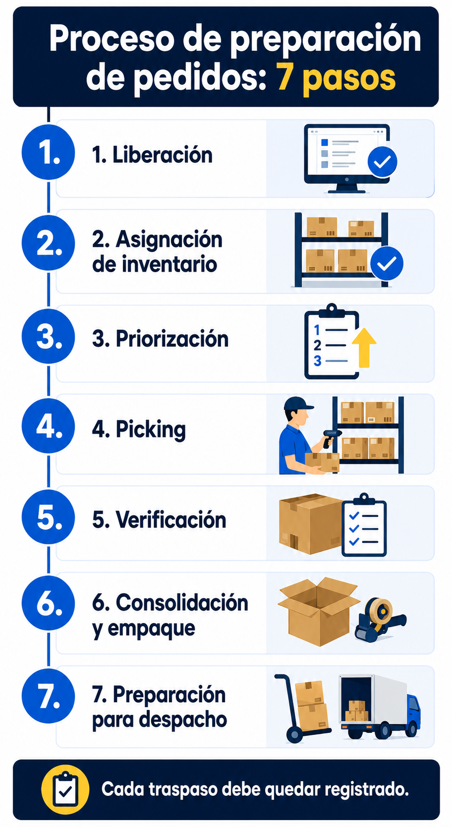 Proceso de preparación de pedidos en siete pasos, desde la liberación hasta el despacho